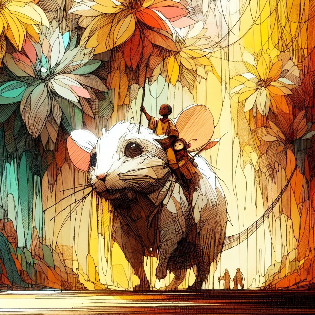 Colorful African-Asian Family Riding Giant White Mouse in Wh...