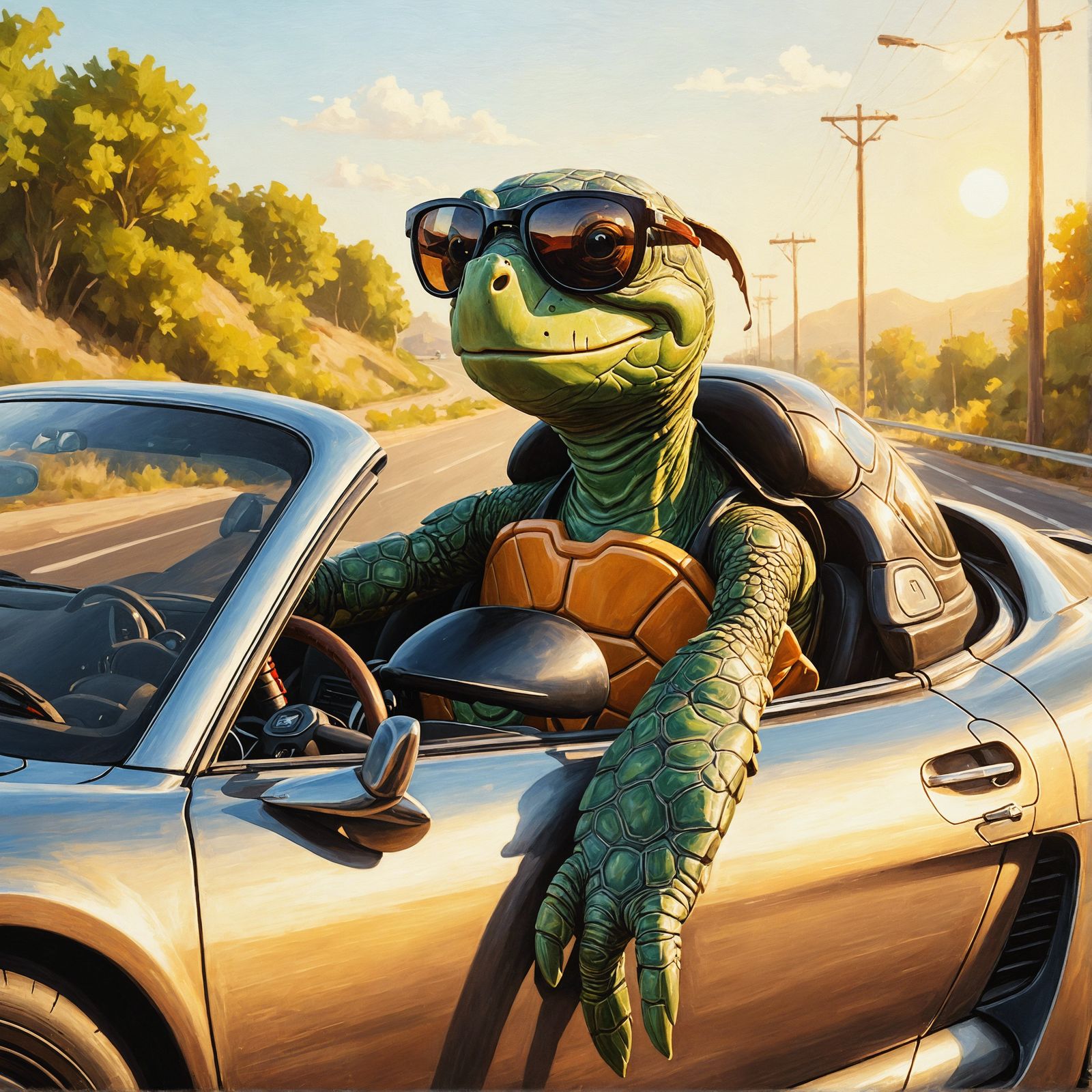 Cartoon Turtle Cruises in Sports Car: Oil Painting Style