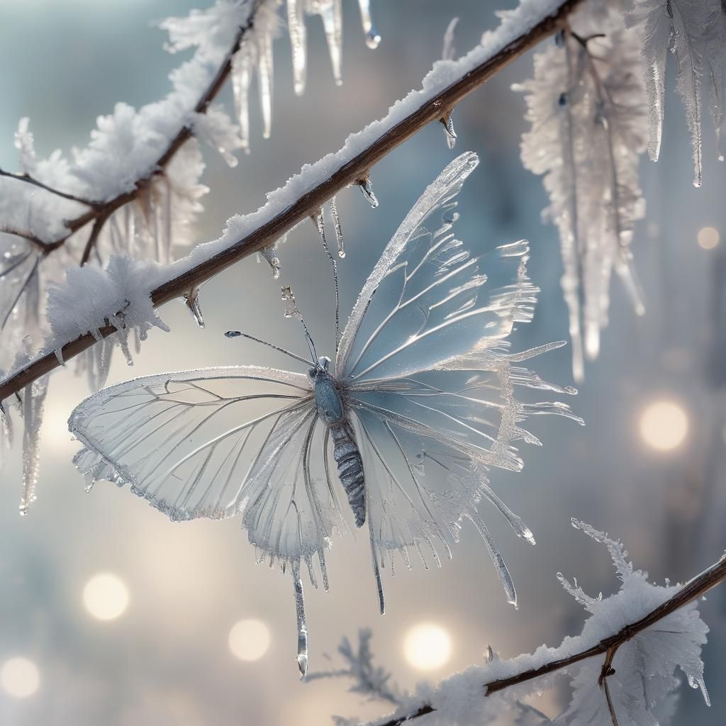 Frozen Butterfly on Snowy Branch: Macro Digital Art