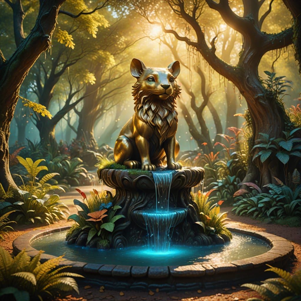 Whimsical Animal Fountain in Magical Forest