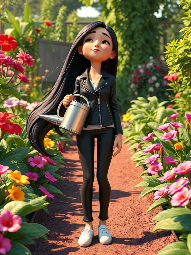 Girl in Serene Garden Oasis with Vibrant Flowers and Vegetab...