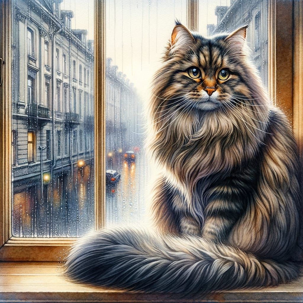Cat Gazing at Rainy Cityscape: Watercolor Painting