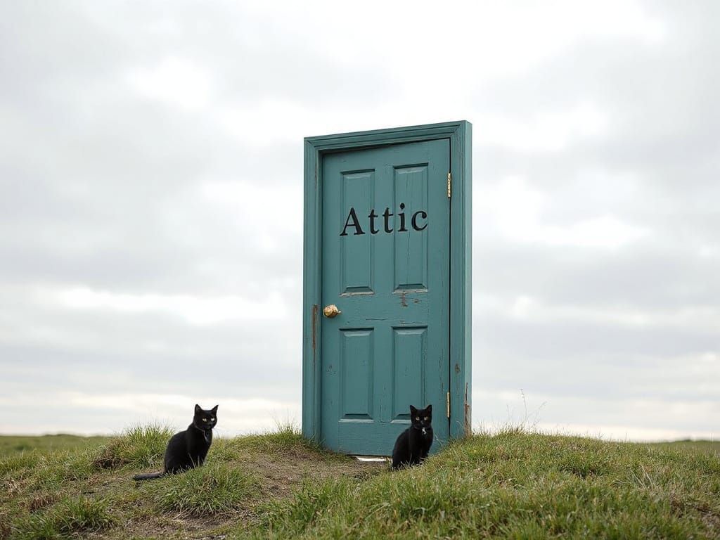 Lone Attic Door in Field Under Overcast Sky