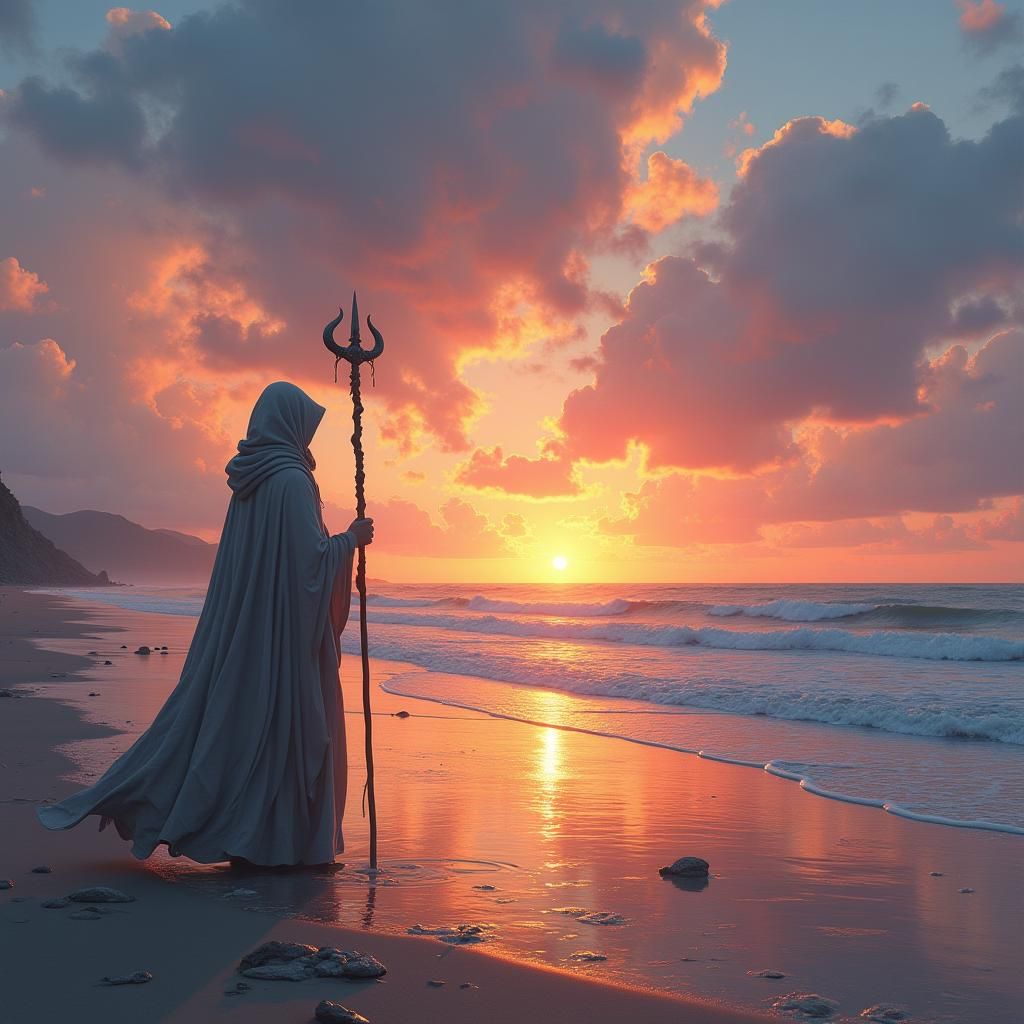 Sunset Beach Scene with Cloaked Figure: Matte Painting