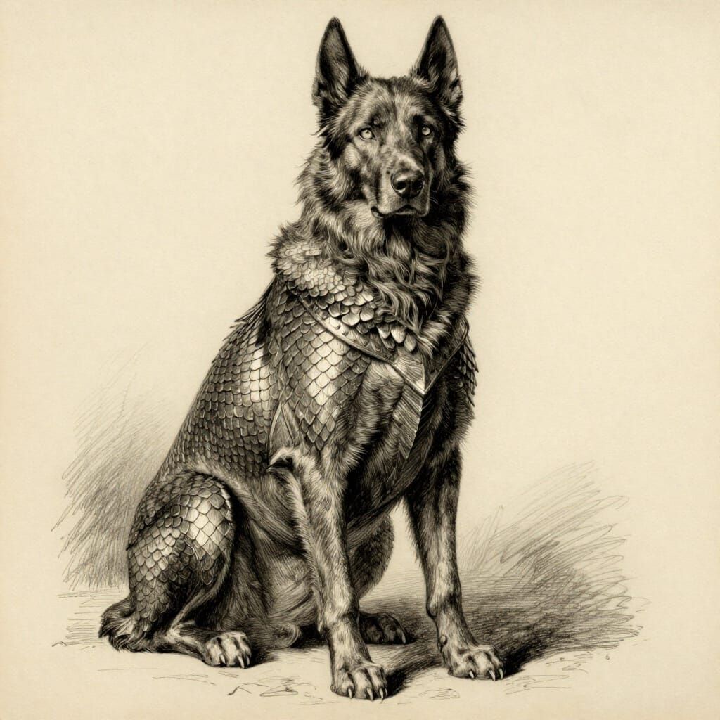 Spirit Hound in Scale Armor, Charcoal Drawing
