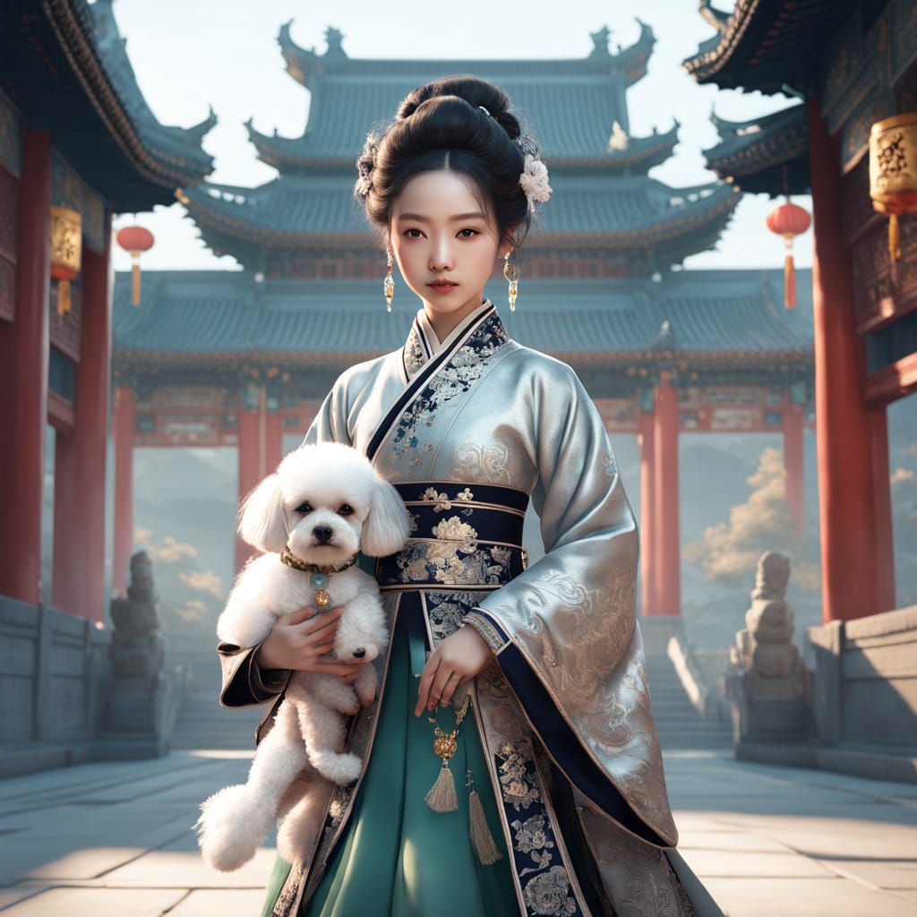 Chinese Beauty in Hanfu with Toy Poodle in 3D Anime Style
