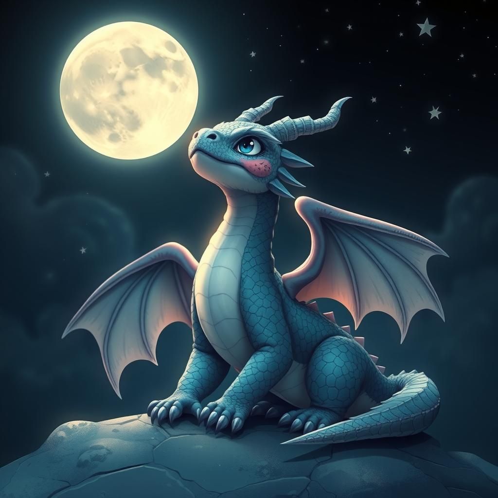 Adorable Dragon Gazing at Moon in Vaporwave Style