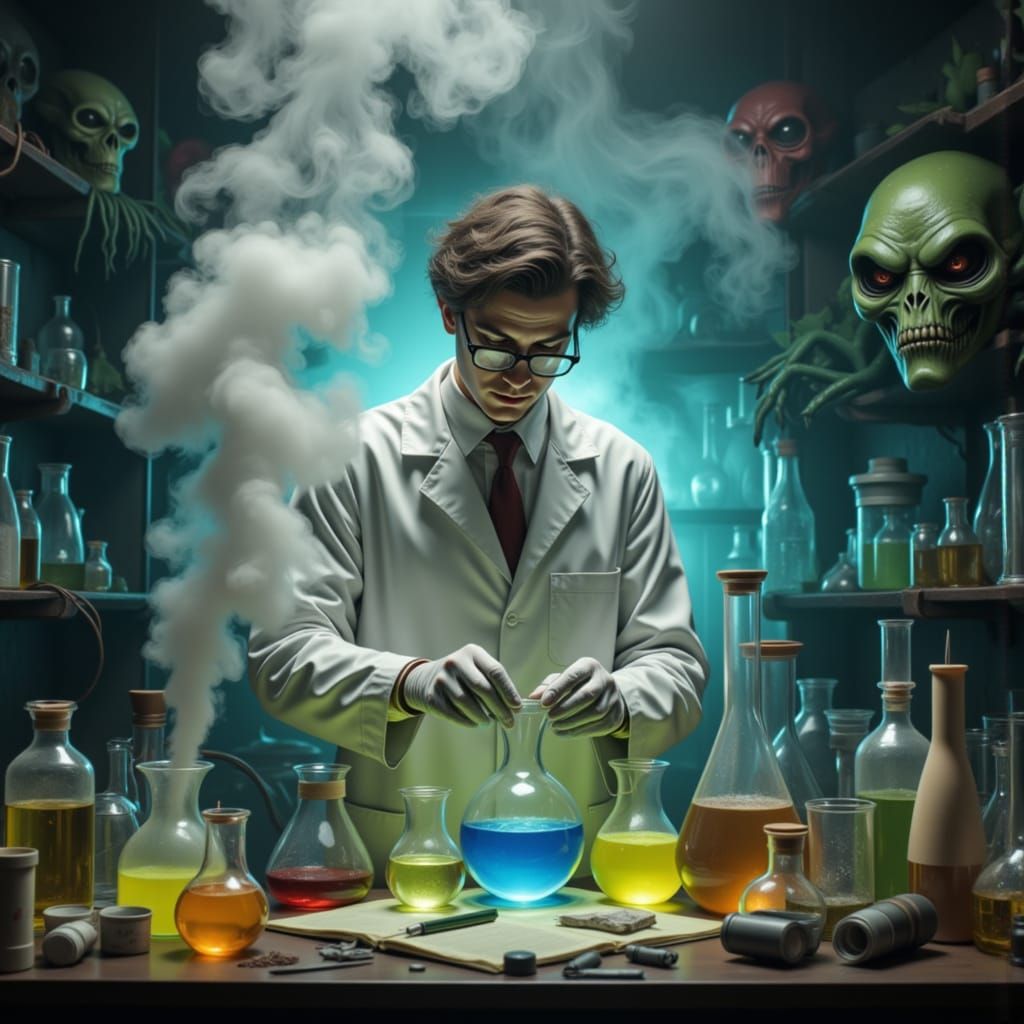 Scientist Mixes Chemicals in Alien Lab