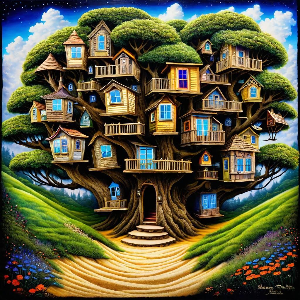 Fairytale Tree Village with Floating Fairies