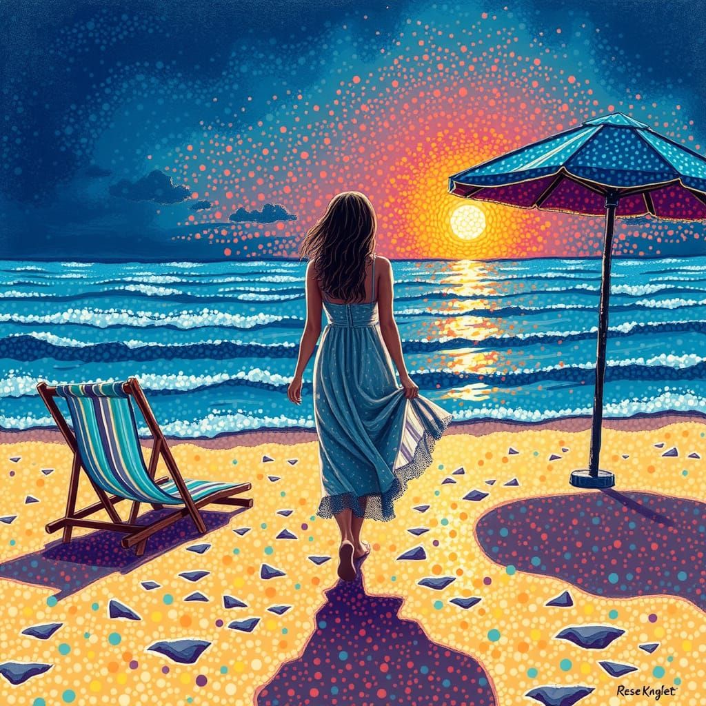 Pointillist Seaside Landscape with Woman in Sundress