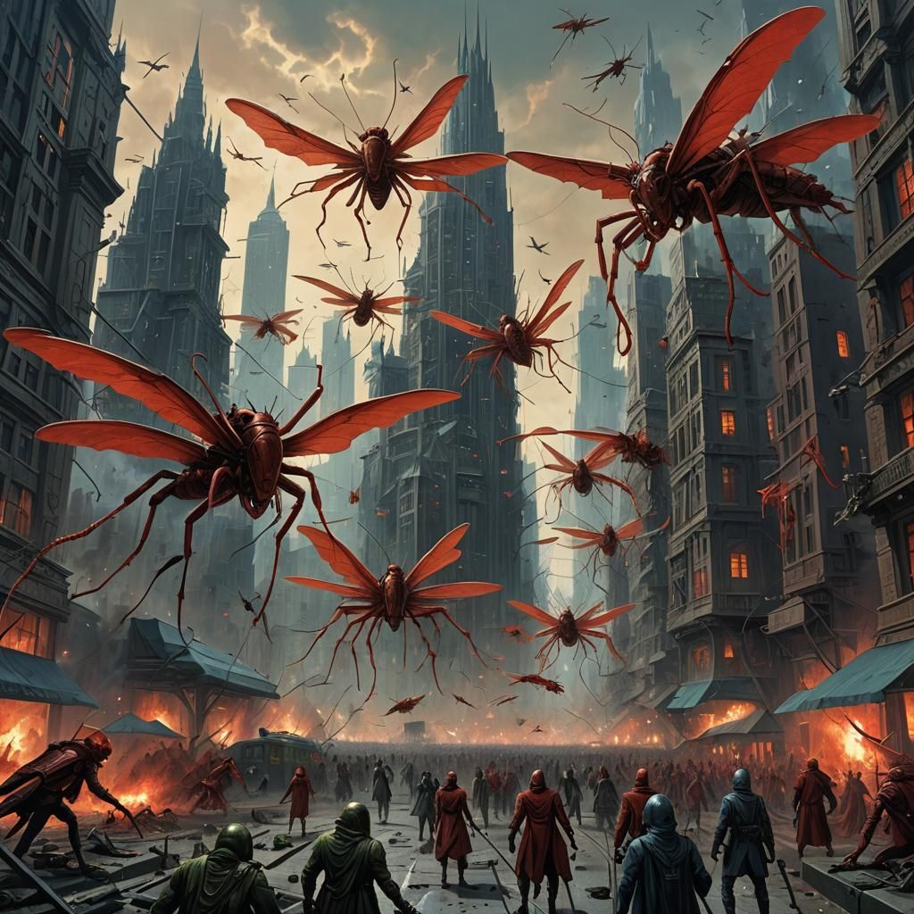 Giant Red Insects Attack Futuristic City: Dark Fantasy