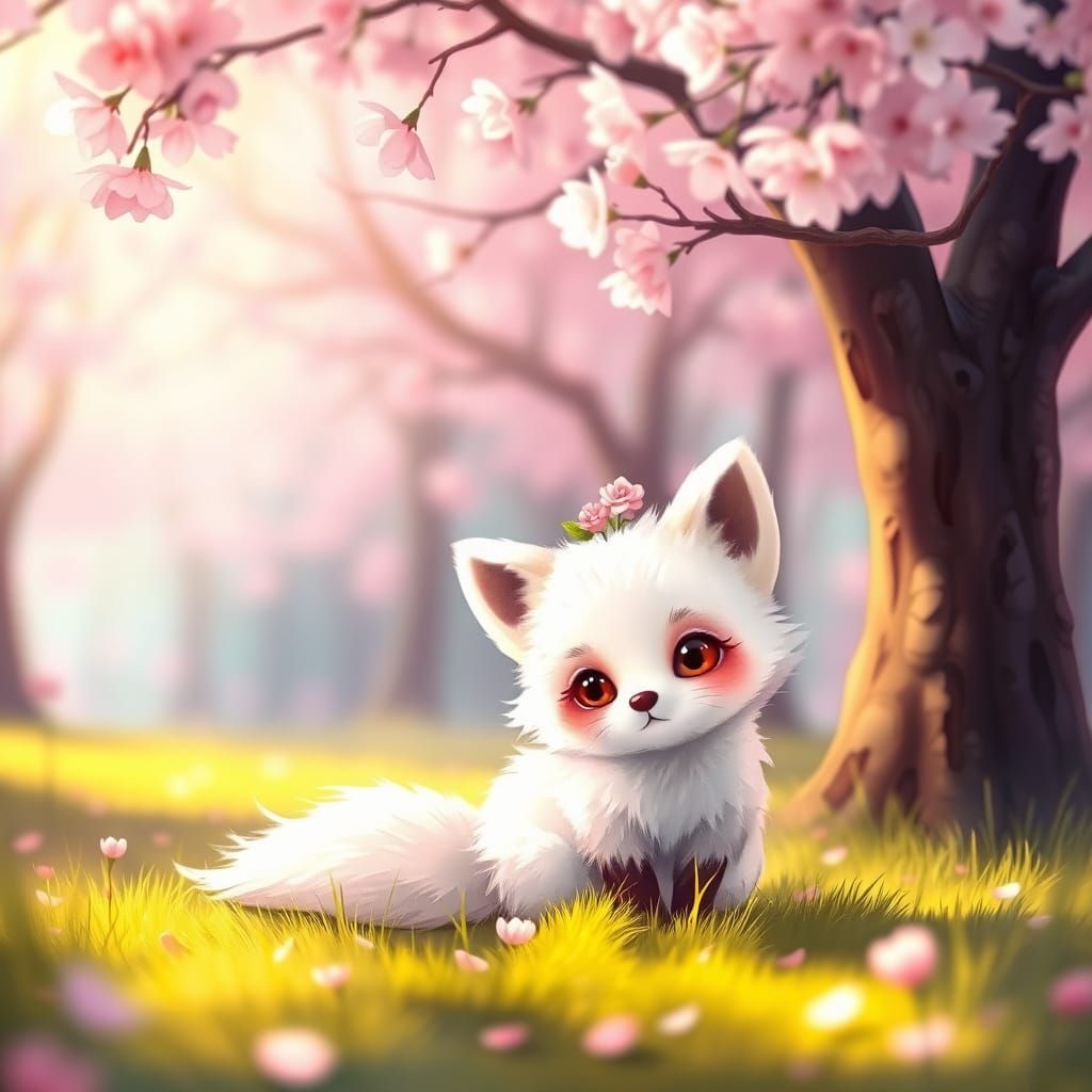 Fox in Flower Crown Under Cherry Blossoms