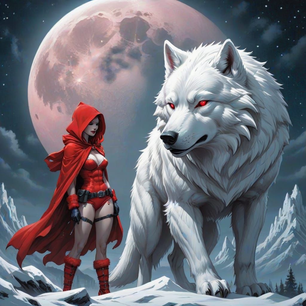 Woman in Red Hood with White Wolf Comic Art