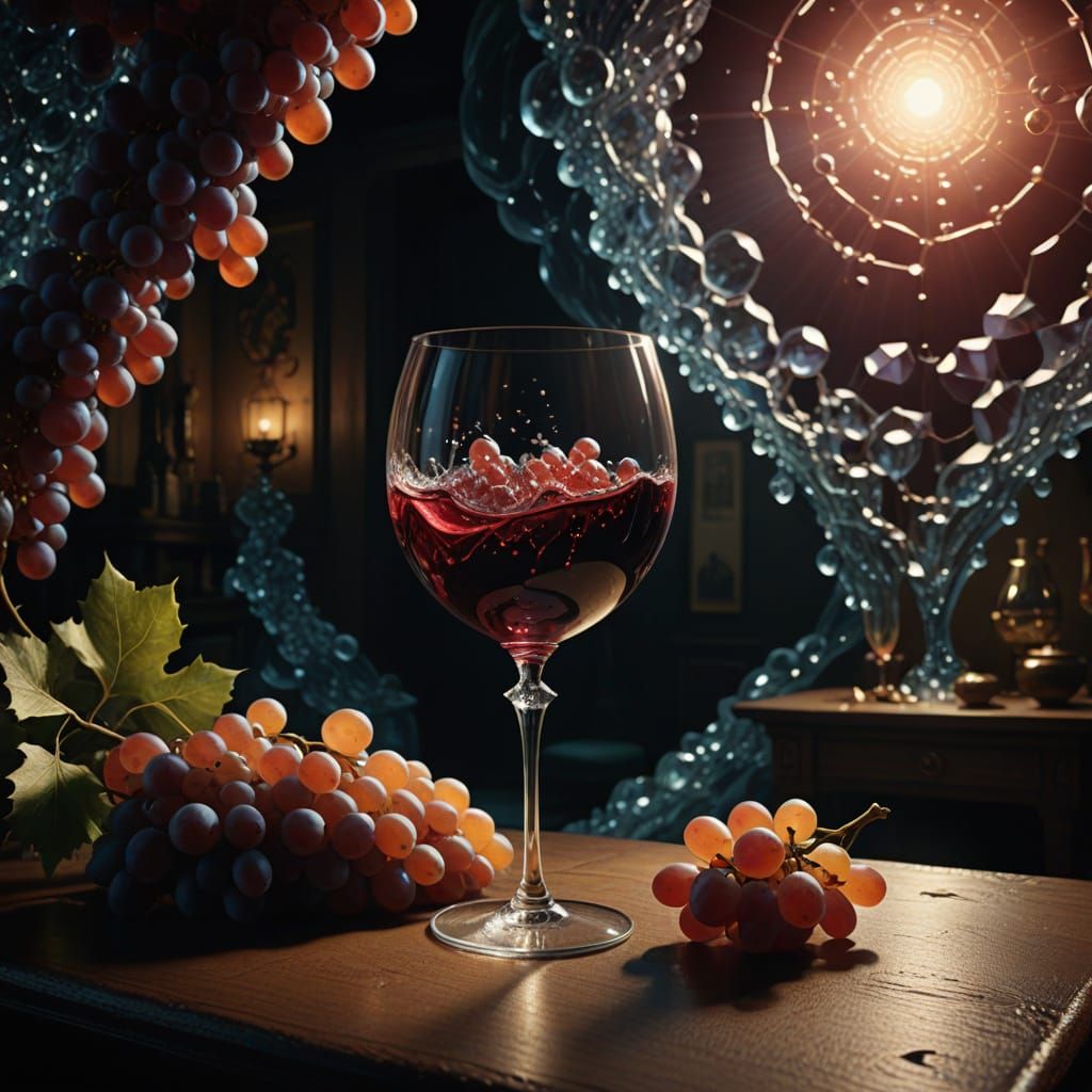 Wine Transforms into Stardust in a Dreamlike Cellar Scene