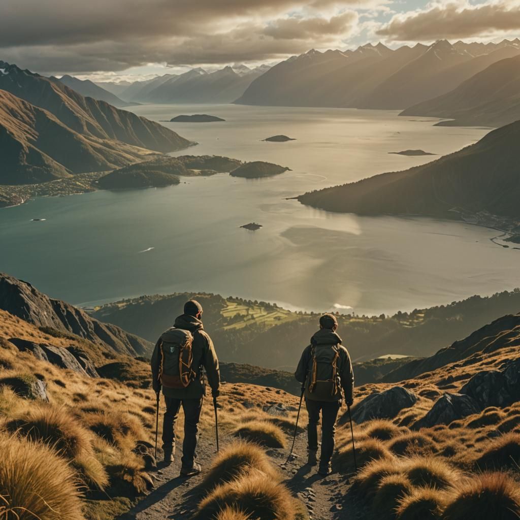 Hiker Overlooking New Zealand Fjord in Golden Light