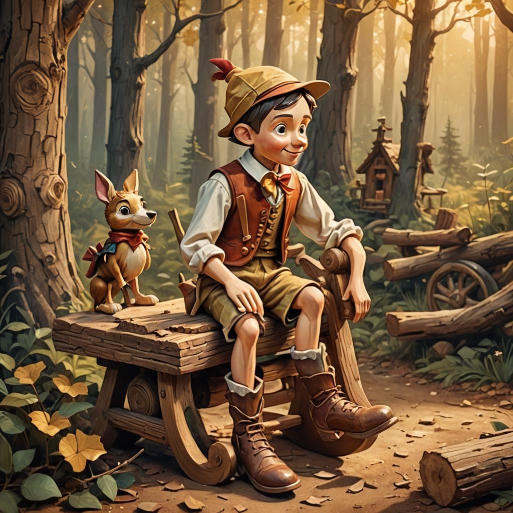 Wooden Pinocchio on Rocking Horse in Enchanted Forest