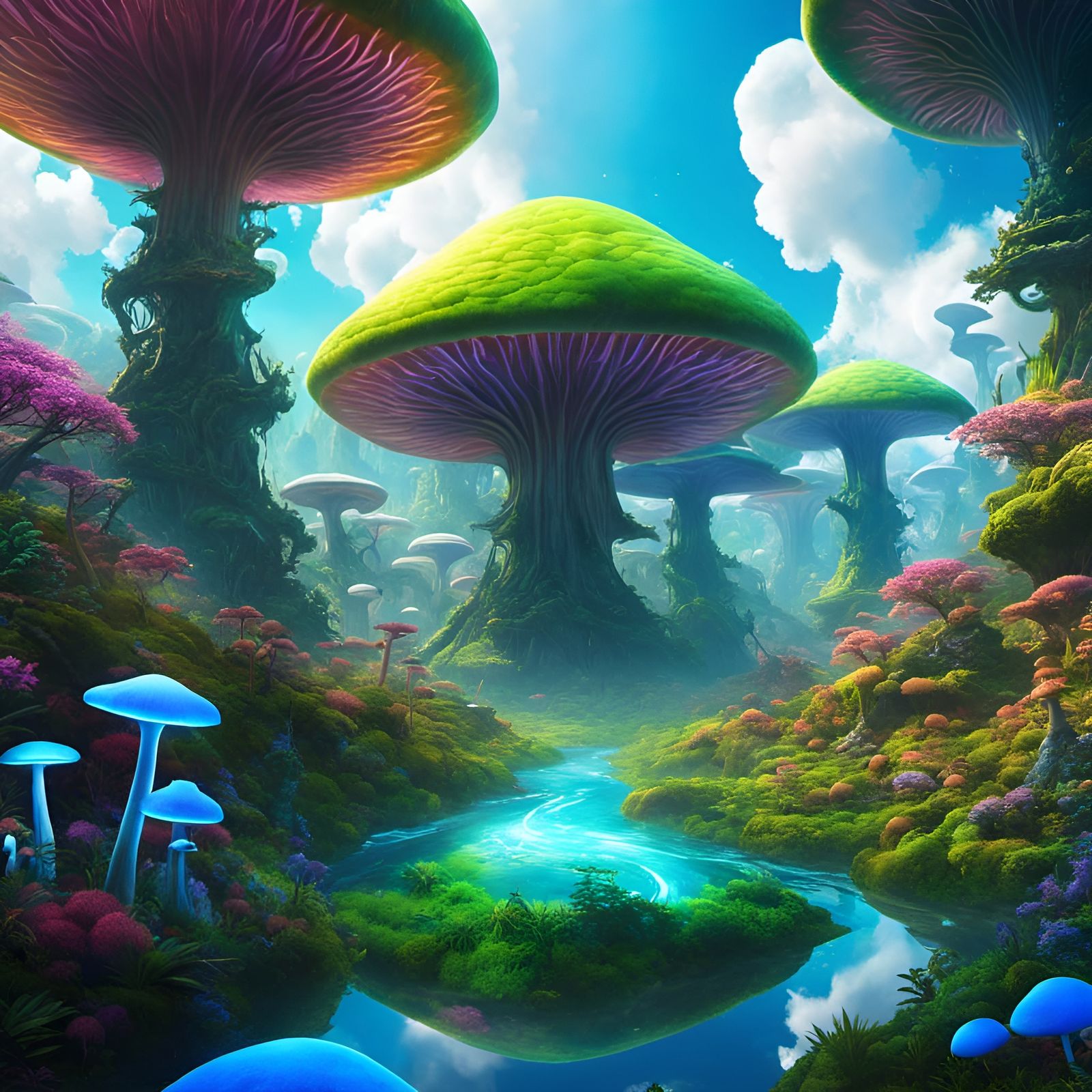 Lush Sci-Fi Forest with Glowing Mushrooms