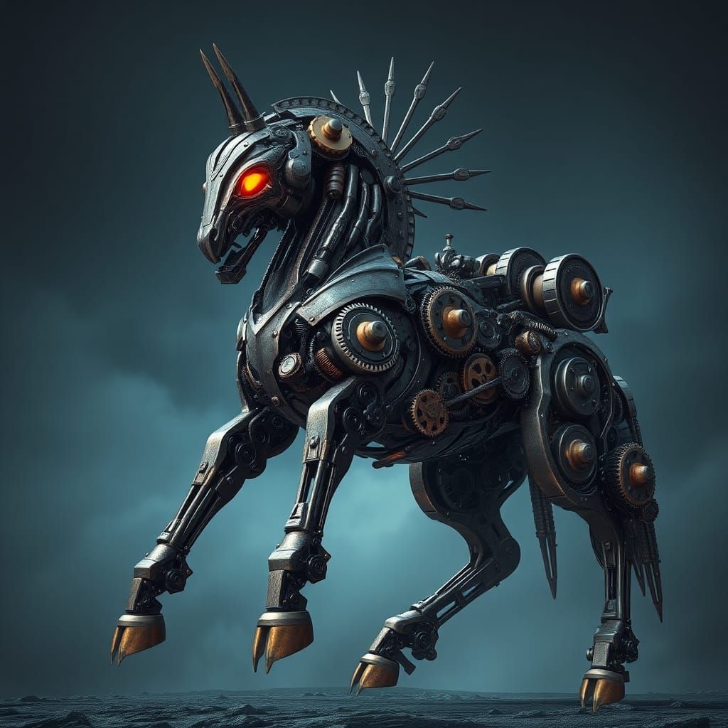 Mechanical Centaur with Fiery Eyes in Cinematic 3D