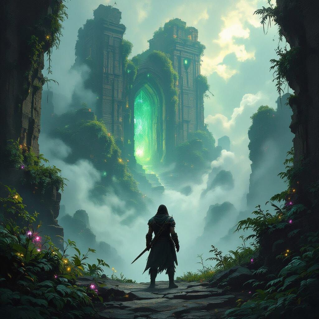 Fantasy Adventurer at Ancient Ruin with Bioluminescent Flora