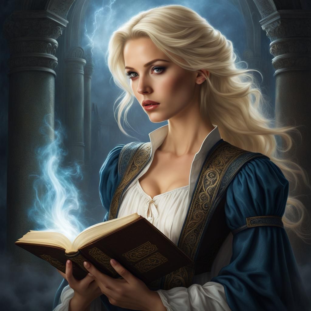 Ethereal Portrait of Blond Sorceress with Book