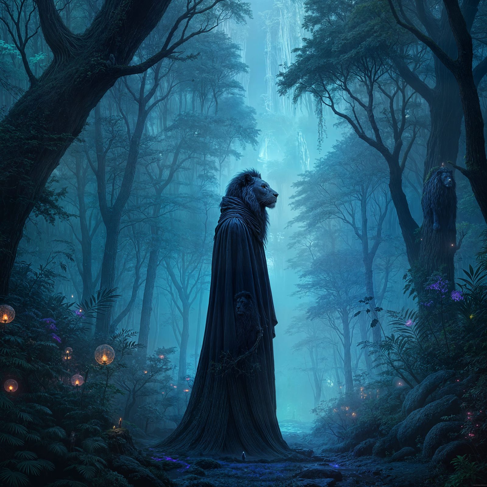 Lion in Bioluminescent Jungle: Fantasy Concept Art