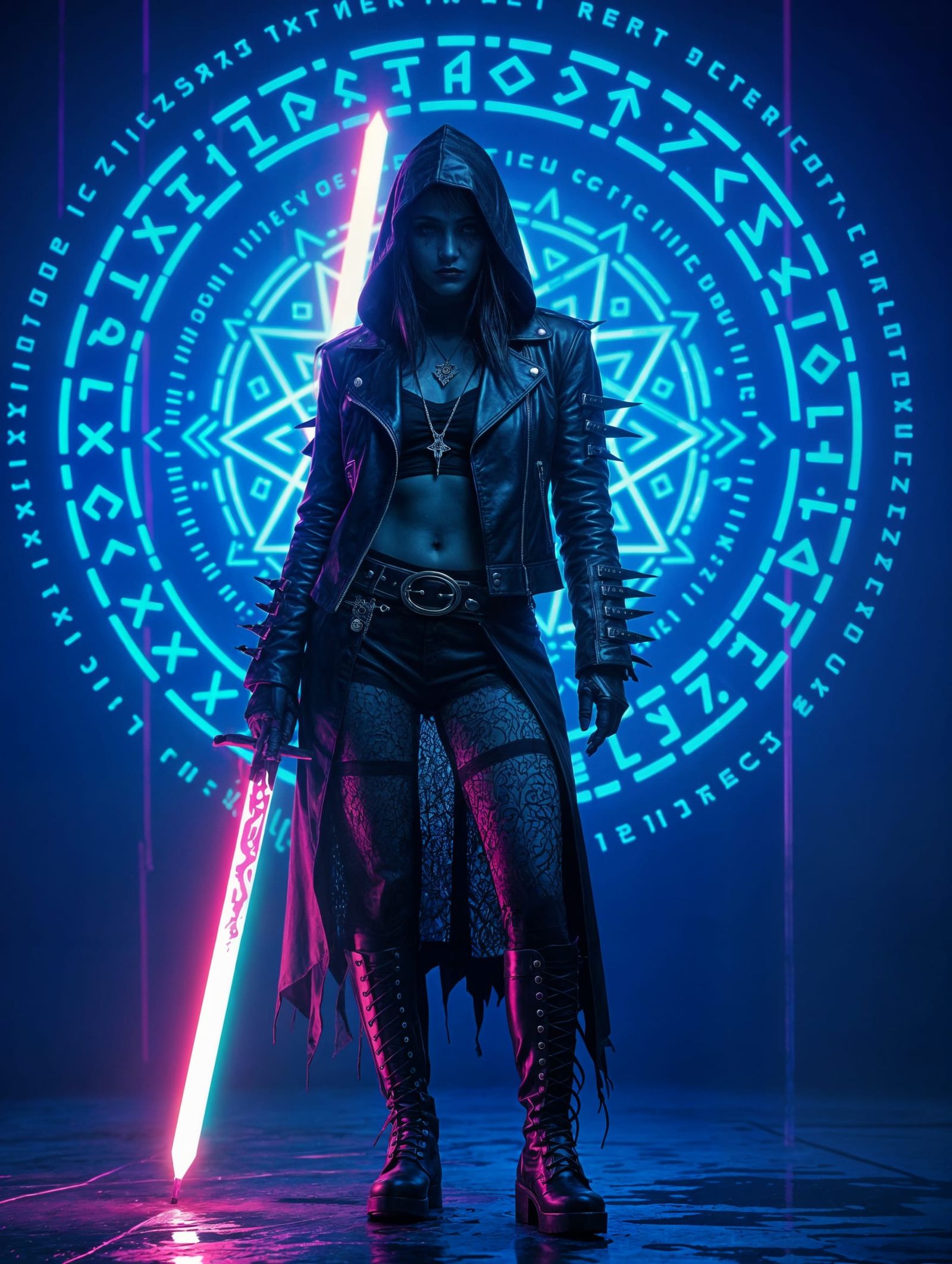Dark Fantasy Priestess in Neon Glitch Art