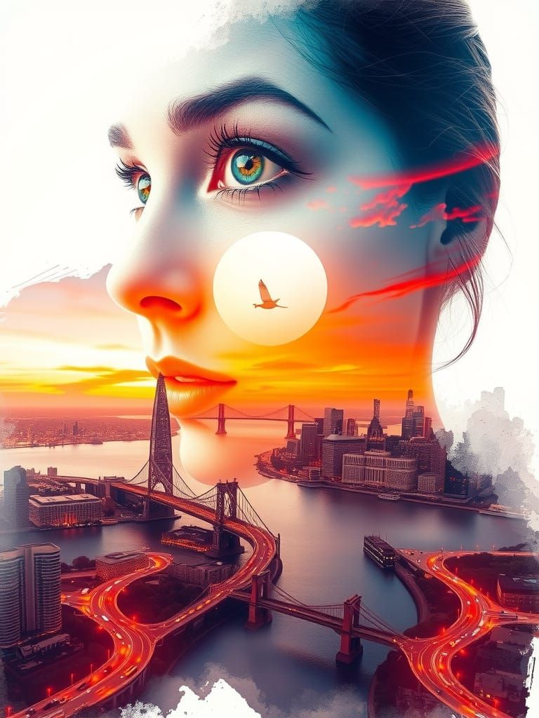 Woman in Cityscape with Glowing Eye