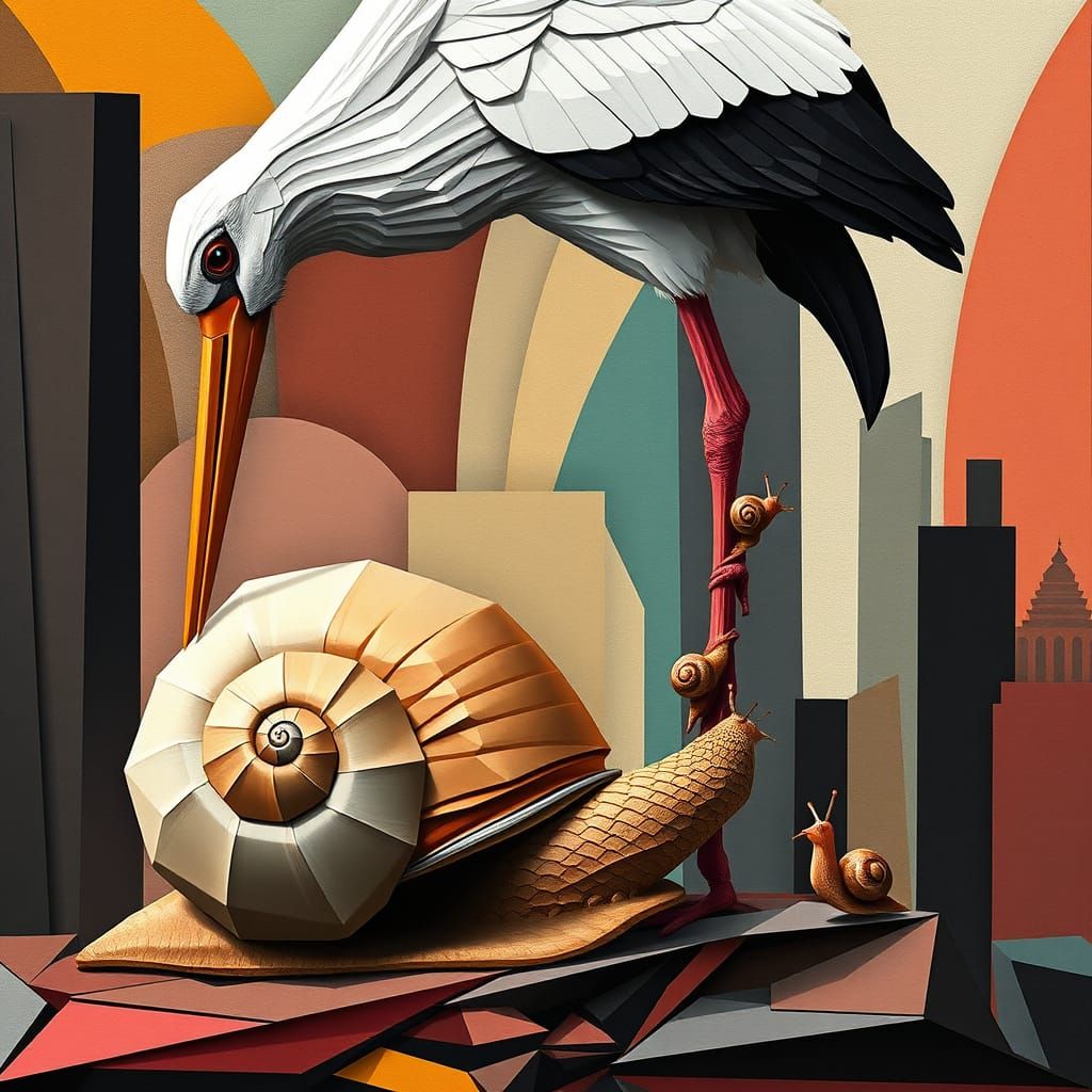 Gigantic Snail Meets Deadly Stork in Geometric Cubist Citysc...