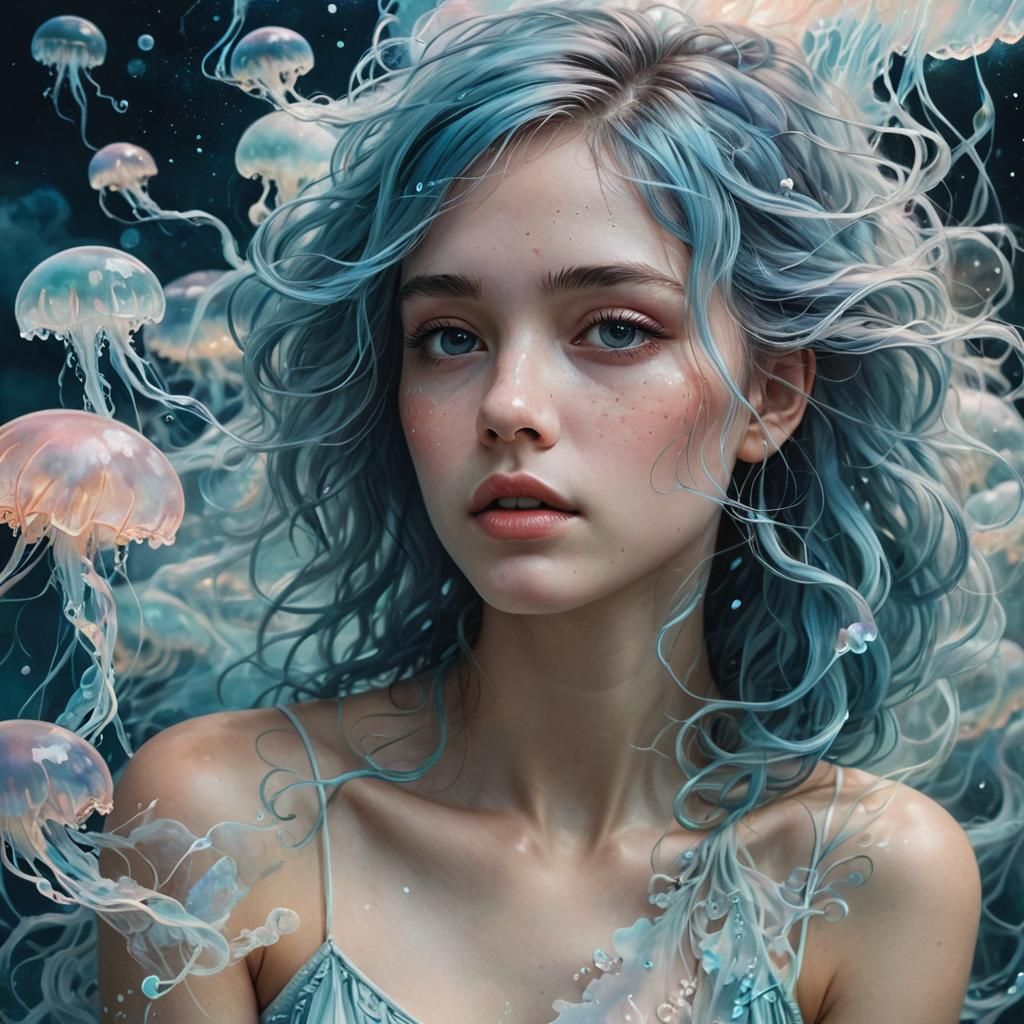 Ethereal Woman with Cloud Hair in Surreal Digital Art