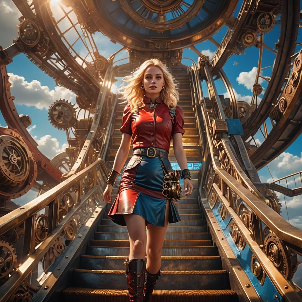 Steampunk Girl on Escalator in Art Deco Style