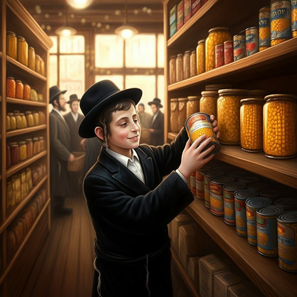 A Hasidic Boy Organizes Grocery Shelves in a Cozy Neighborho...