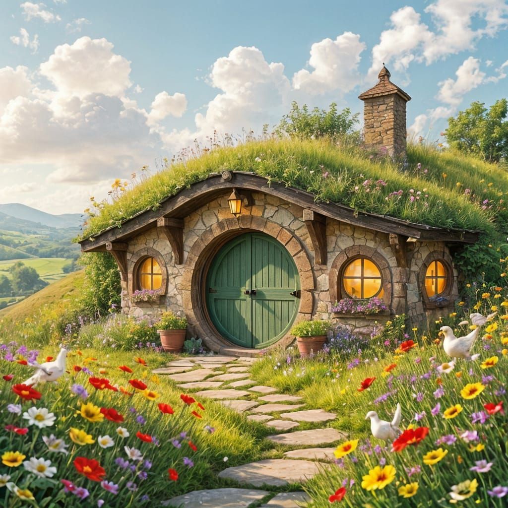 Charming Hobbit Home with Wildflowers, Digital Art