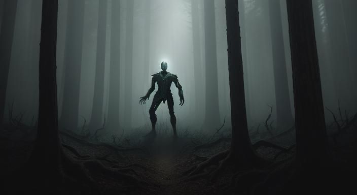 Eerie Slender Man Merged with Forest Bark