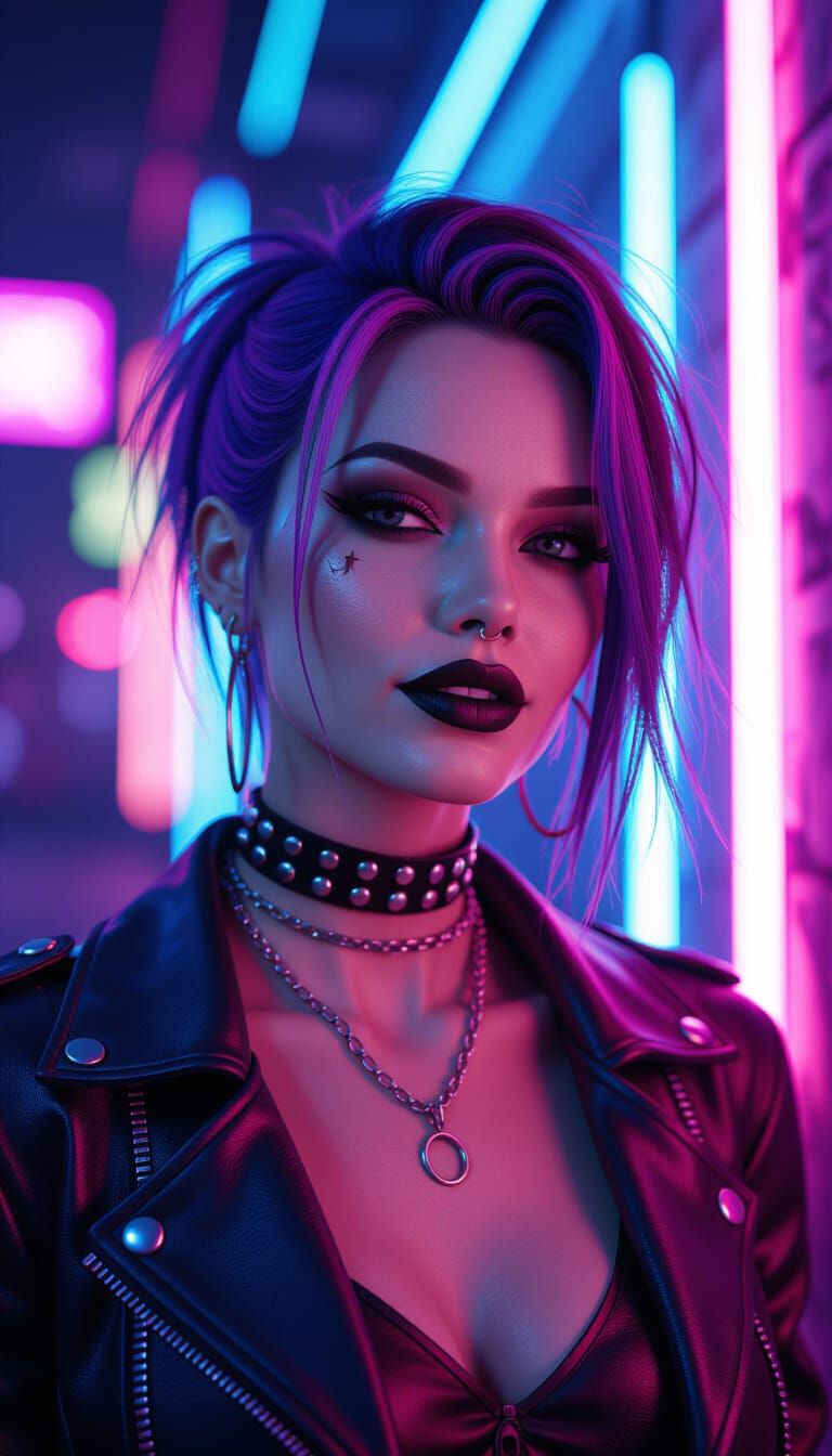 Punk Woman in Neon-Lit Neo-Gothic Scene