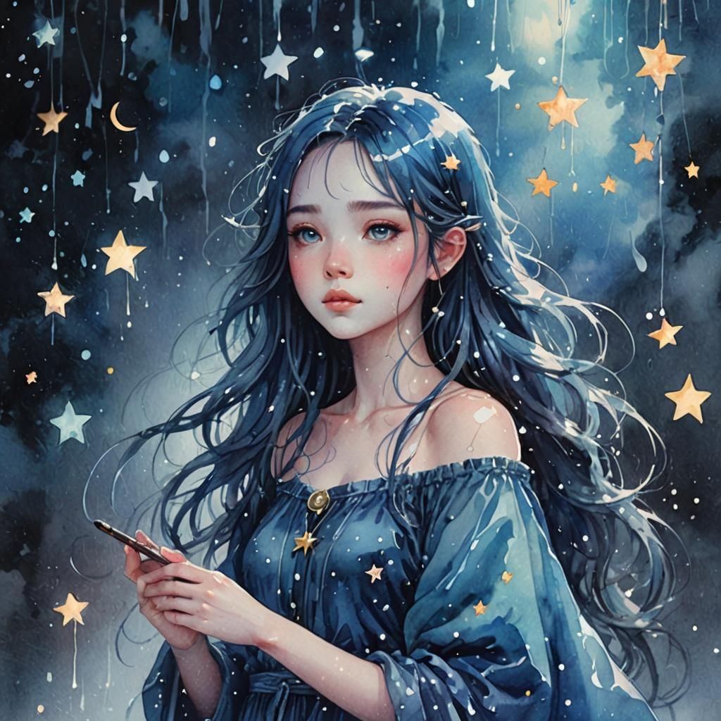 Mystical Blue Rainy Day Watercolor Painting