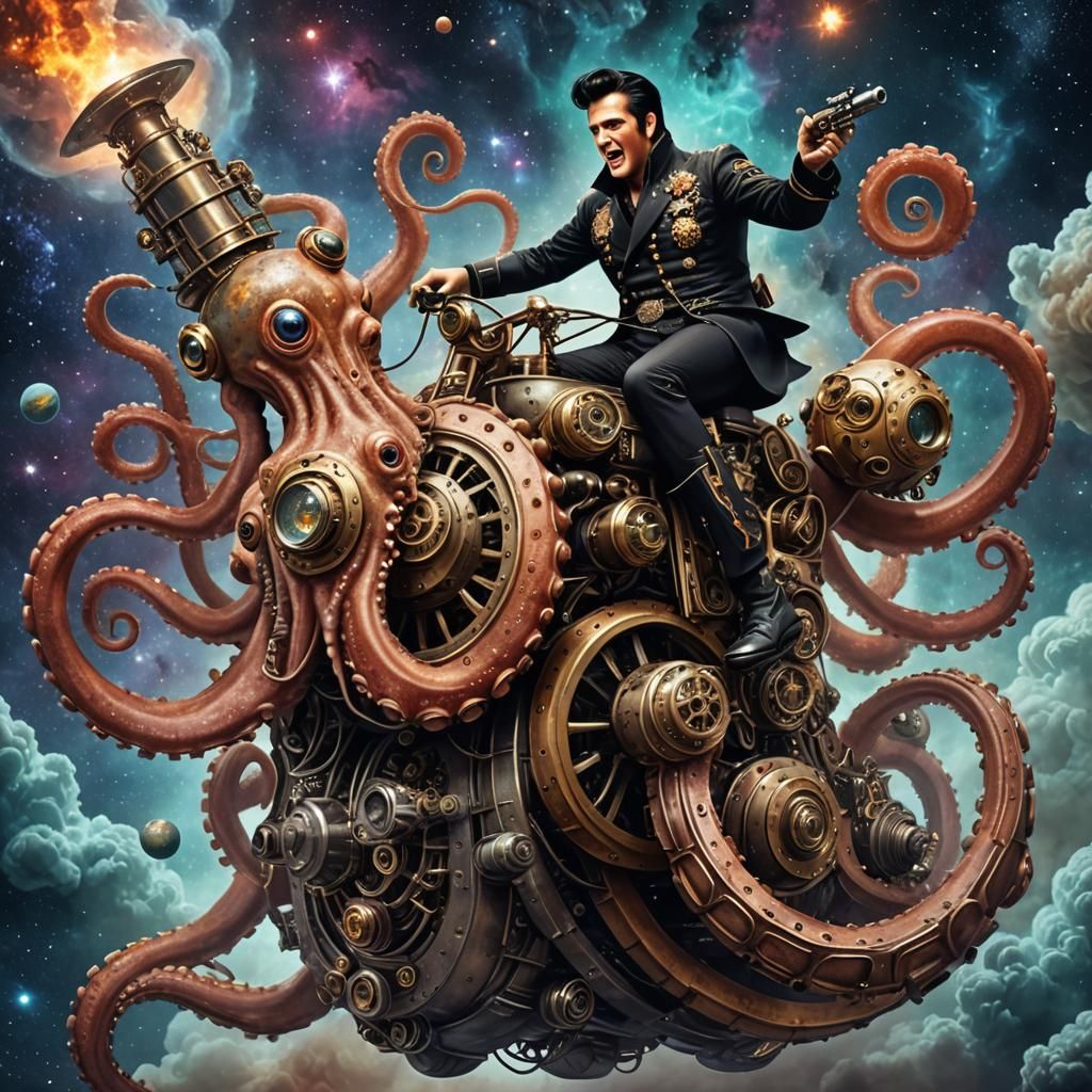 Elvis on Octopus in Space with Steampunk Engine