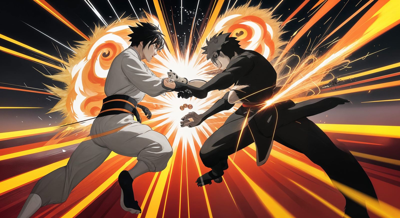 Crane and Panda Battle with Energy Balls in Anime Style