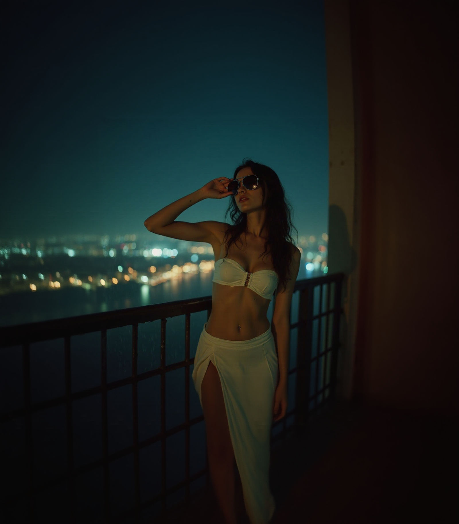 Stylish Woman on Balcony in Rain: Digital Illustration