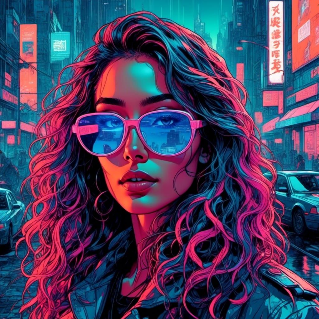 Vaporwave Cyberpunk Woman in Neon Cityscape