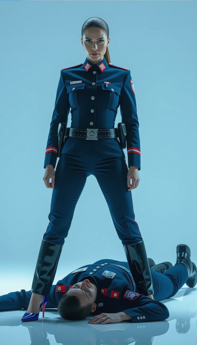 Police Woman Stands Victorious on Man in Dramatic Lighting