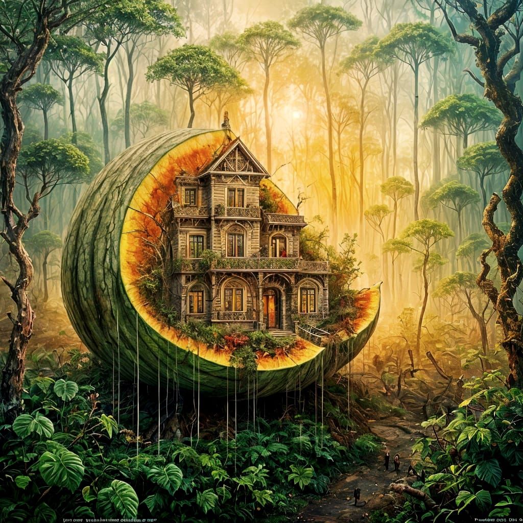 Surreal Melon Double Exposure in Hyperdetailed Painting