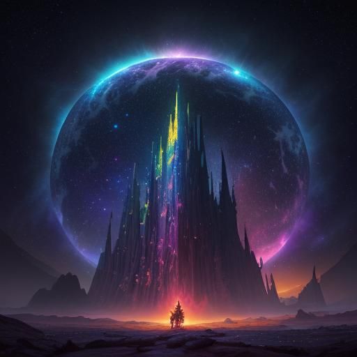 Rainbow Overlord on Galactic Throne: Epic Fantasy Art