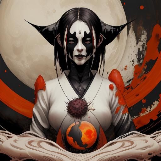 Geisha in Tokyo Under Orange Moon: Surreal Ukiyo-e Art