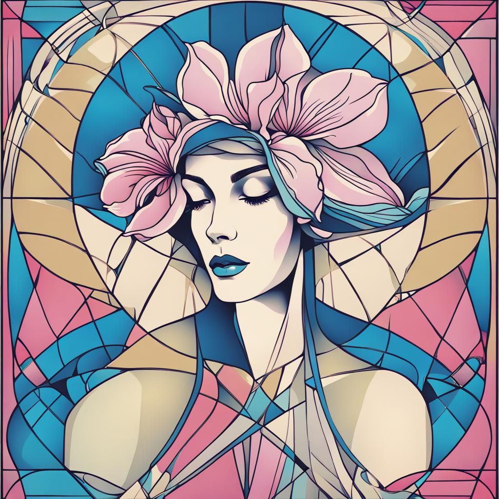 Art Nouveau Stained Glass Woman with Flowers