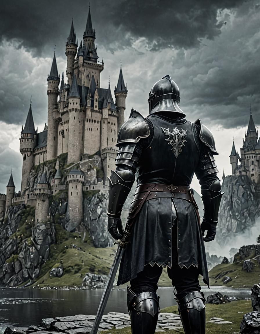 Fantasy Knight Confronts Ominous Castle