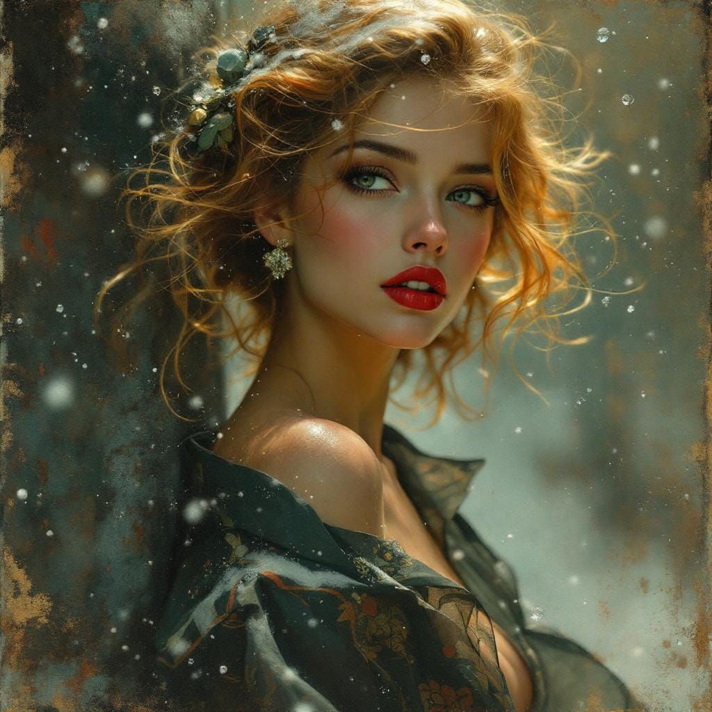 Voluptuous Woman in Snowy Landscape, Mucha-Waterhouse Style