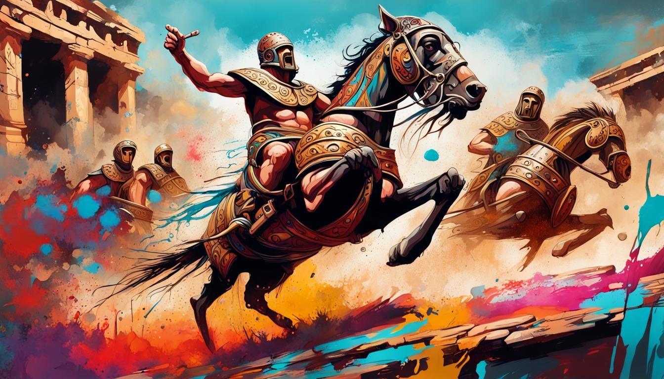Gladiator in Chariot Race: Graffiti Art Style