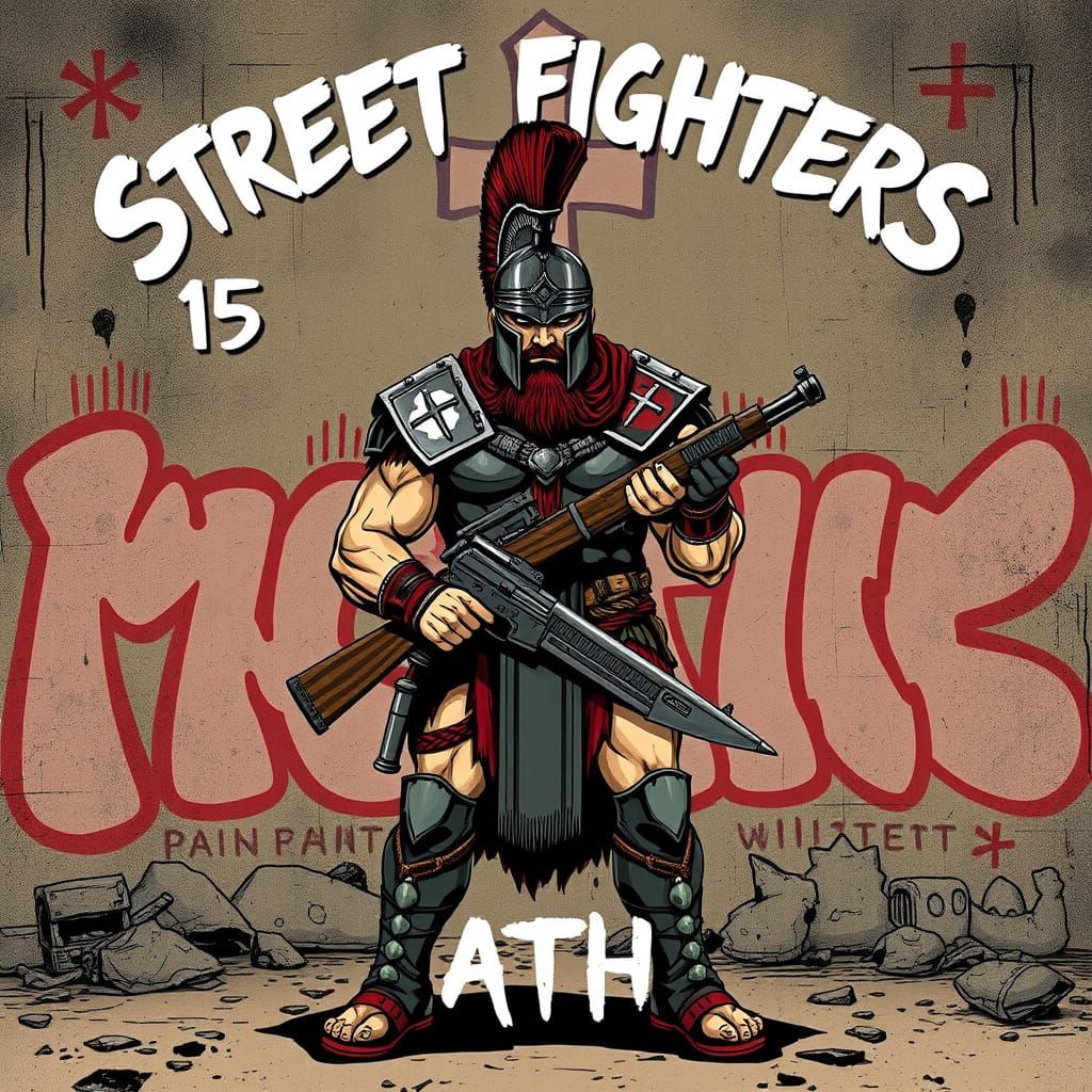 Spartan Warrior in Gritty Urban Graffiti Scene