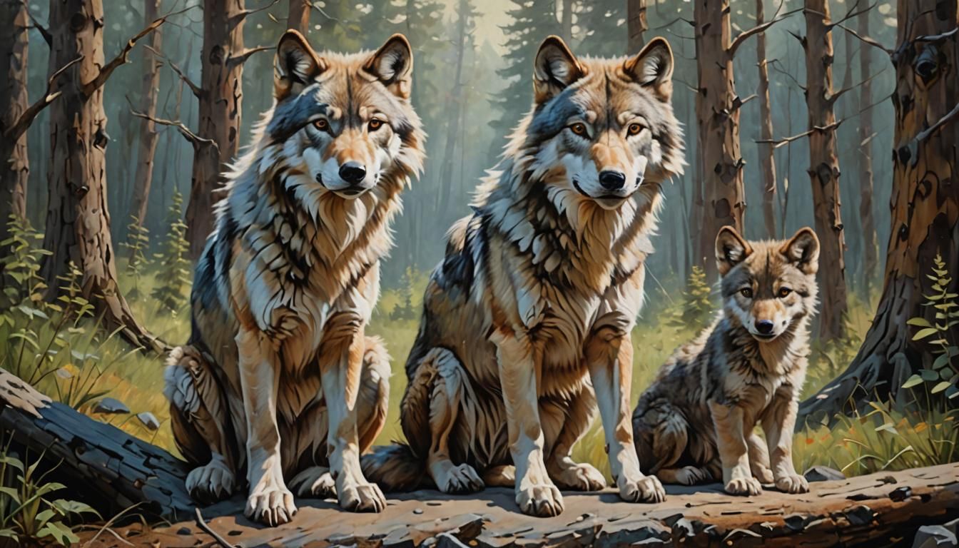 Wolf Mother's Love: An Oil Painting