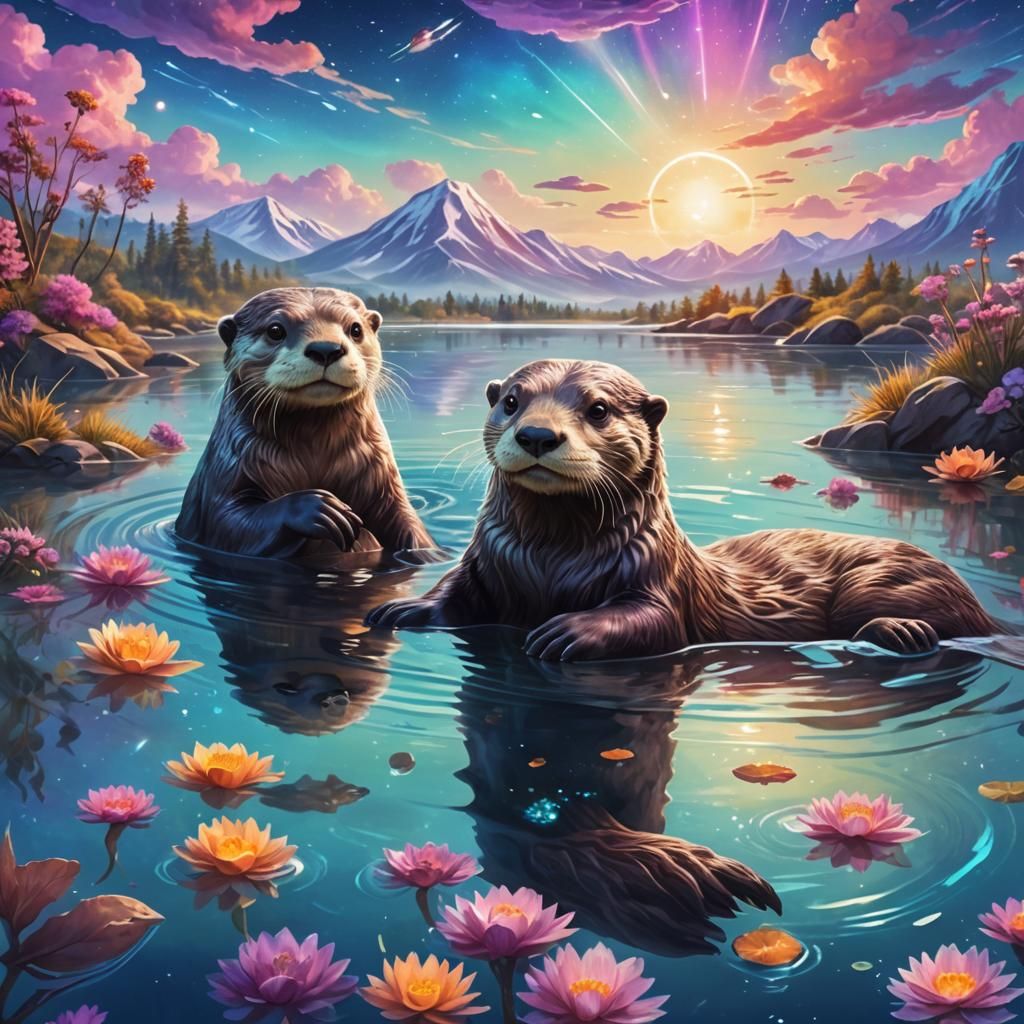 Otters Holding Hands in Cosmic Waters